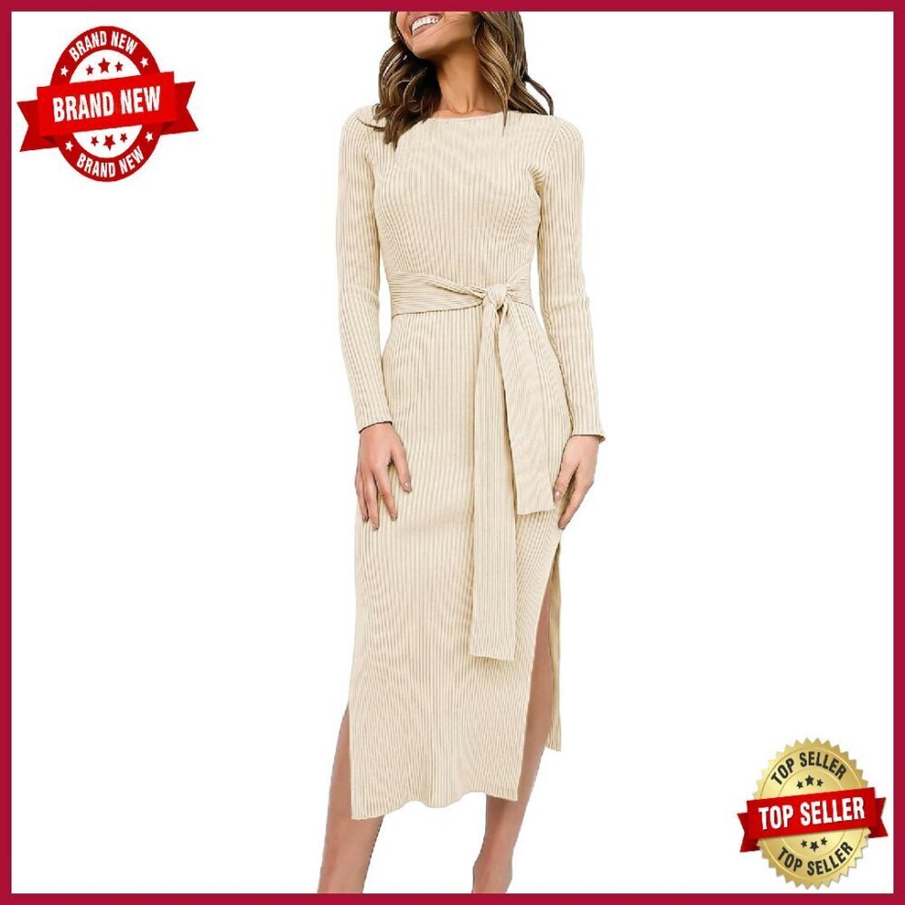 Long Sleeve Ribbed Knit Midi Dress Tie Waist Bodycon Fall Outfit
